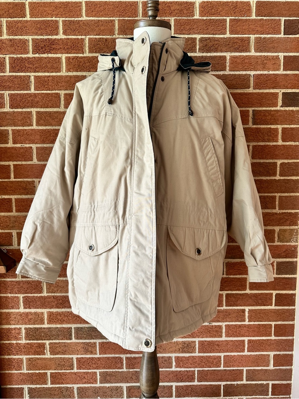 British Mist Men’s 2X Hooded Parka Jacket Beige Plaid Lined Full Zip Snap Coat